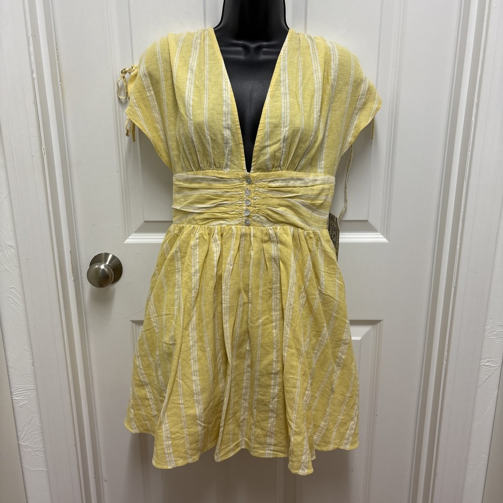 Free People Roll The Dice Striped Dress In Butter Yellow‎ - Size XS